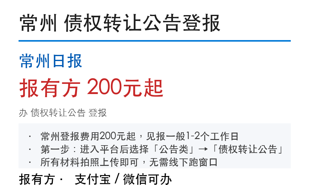 常州债权转让公告登报:常州日报_报有方